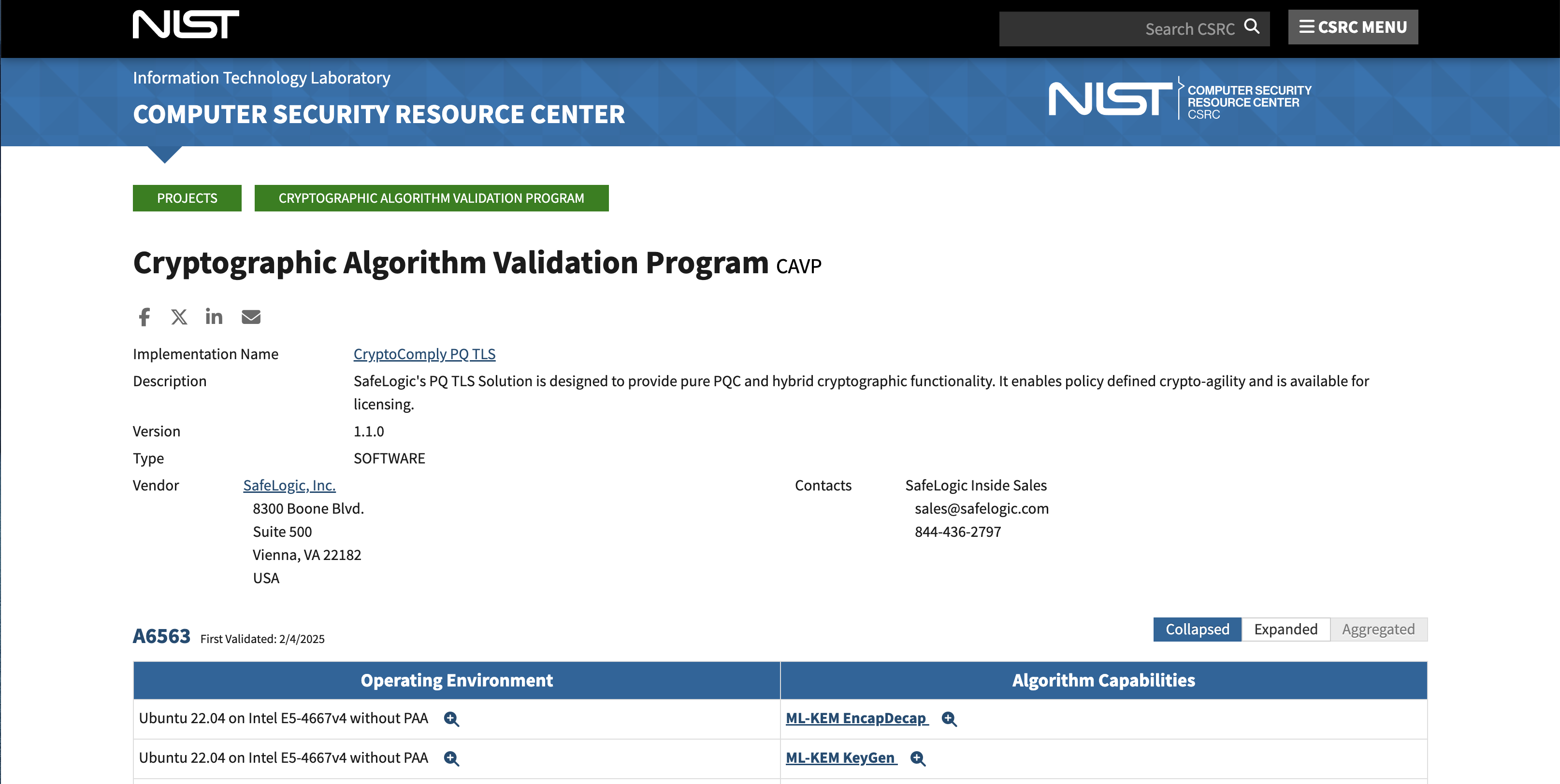 CAVP Certification for SafeLogic's PQ TLS